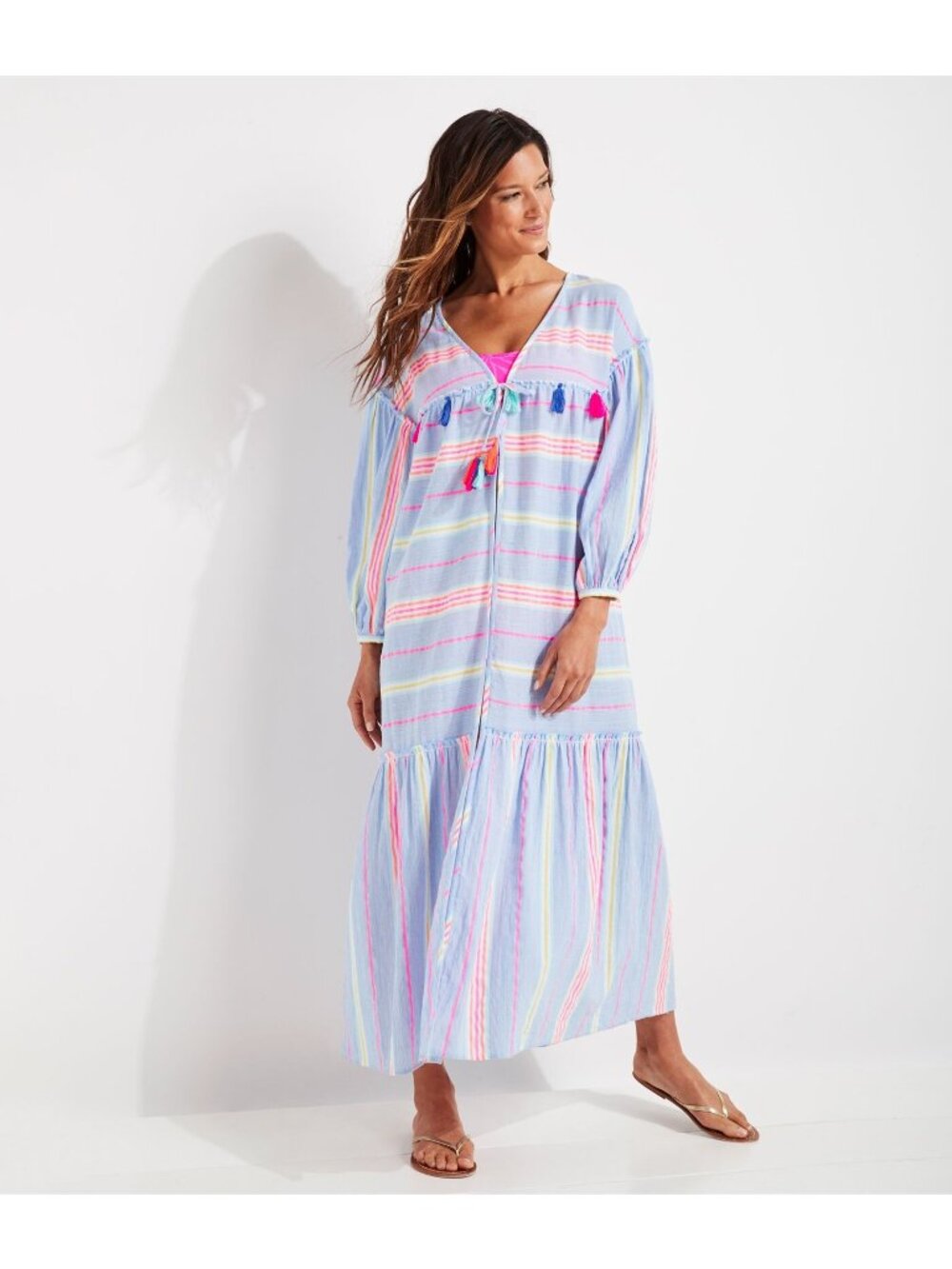 Vineyard Vines Cover Up X Large Swim Maxi Blue Striped Tassels